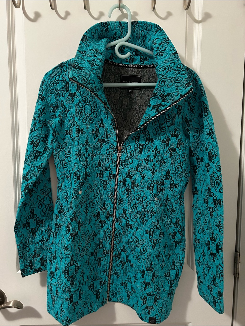 Women's Teal Patterned Zip Jacket with High Collar